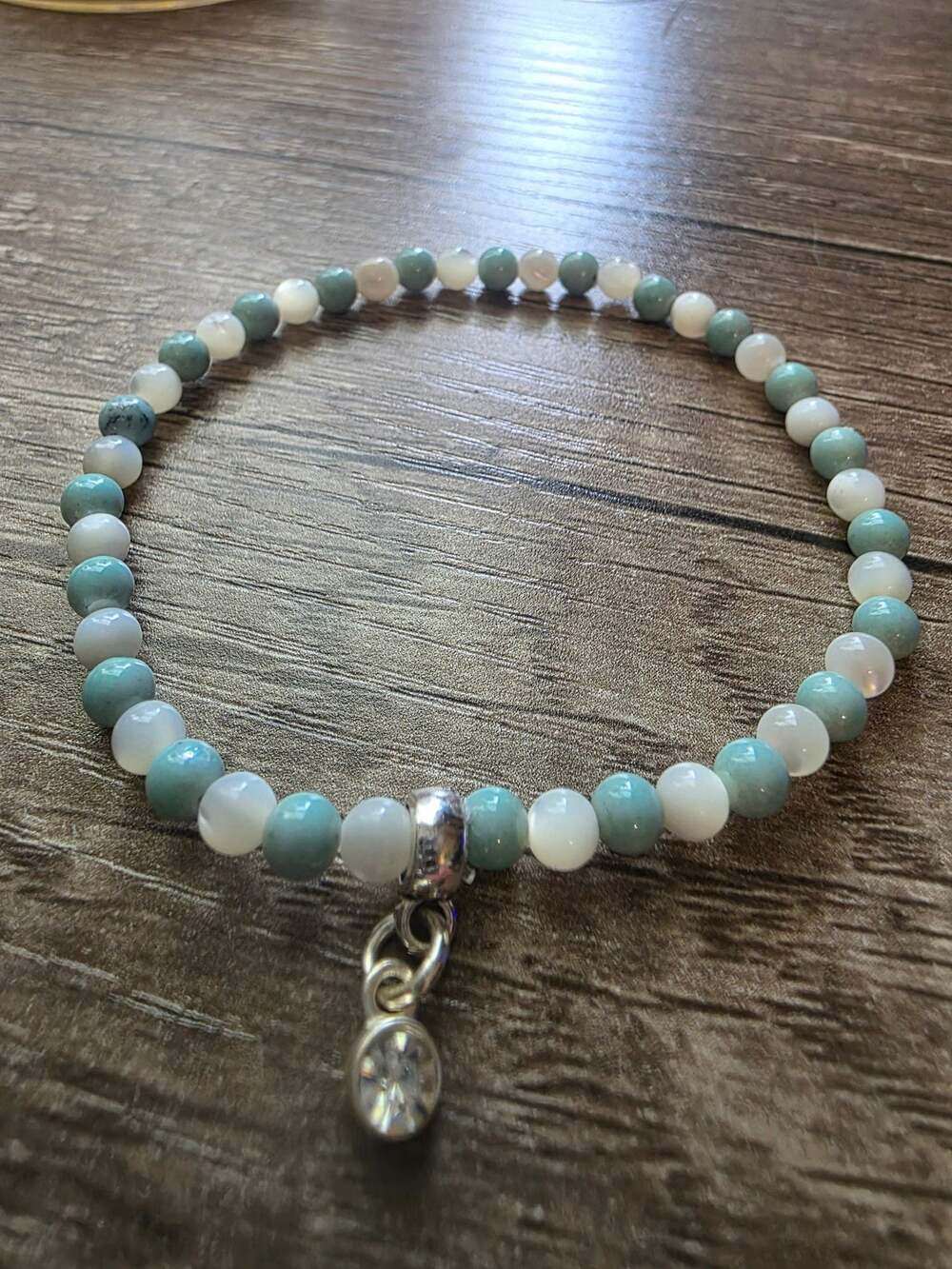 Amazonite and White Quartz Beaded Stretch Bracelet with Rhinestone Charm
